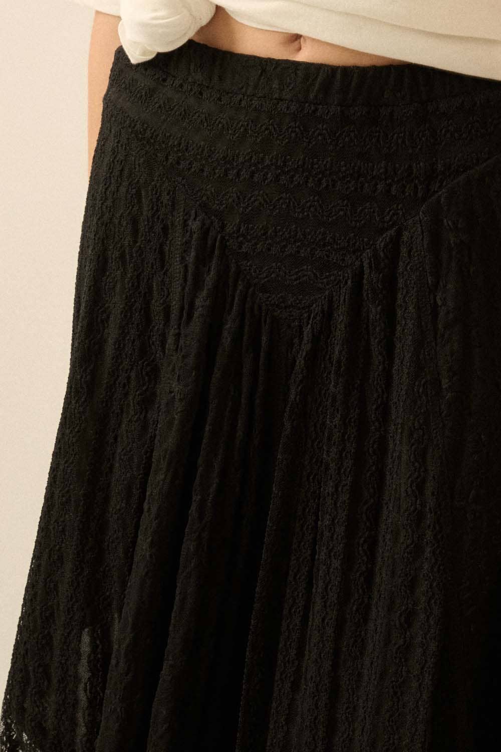 Lace Curved-Hem Midi Skirt, Black