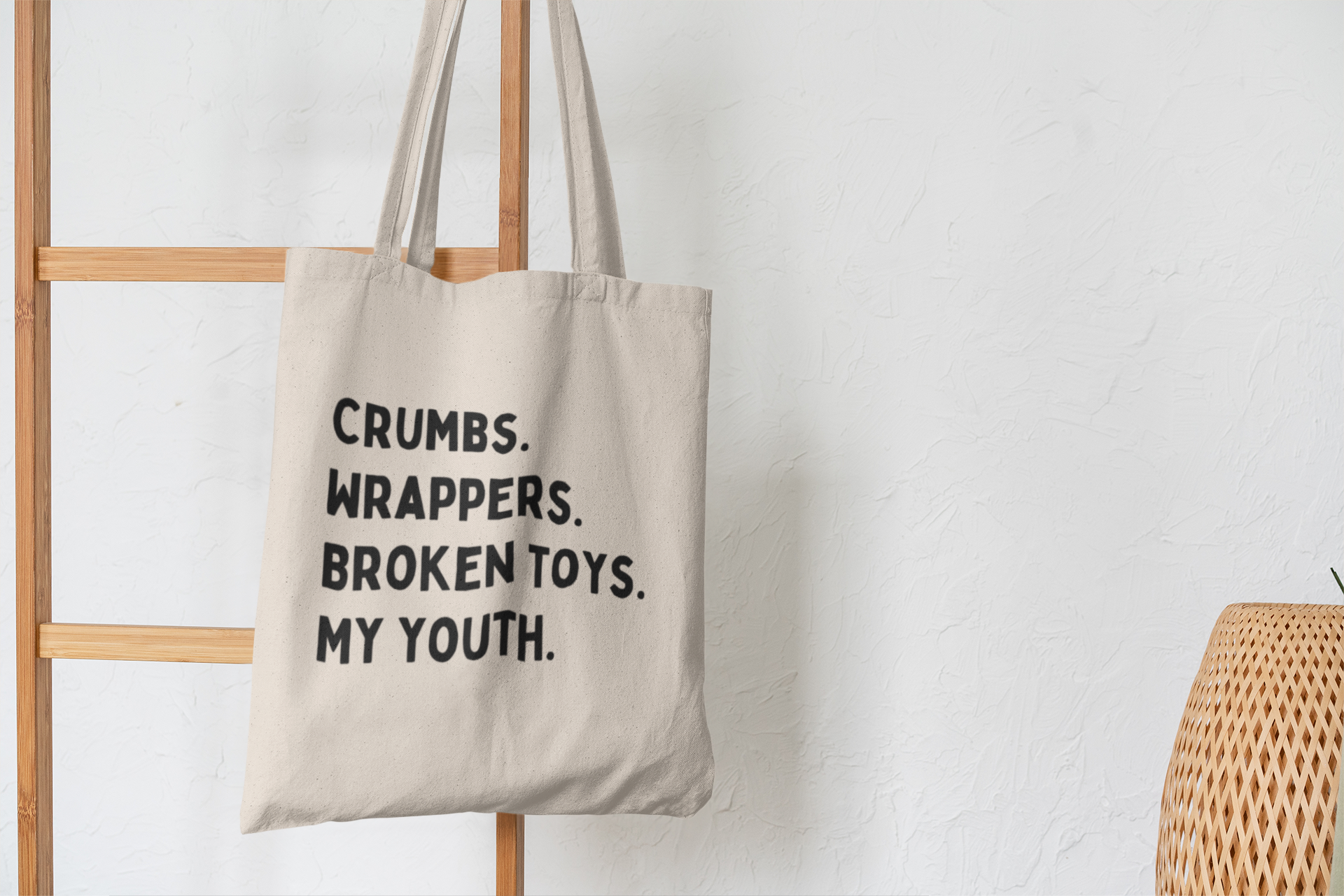 Crumbs, Wrappers, Broken Toys, My Youth Mom Canvas Tote Bag