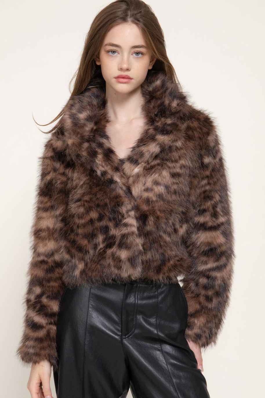 Long Sleeve Notched Collar Printed Faux Fur Jacket
