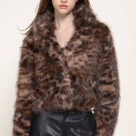 Long Sleeve Notched Collar Printed Faux Fur Jacket