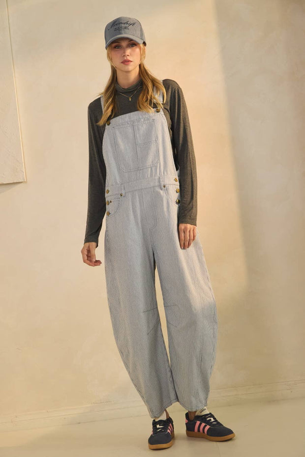 Pinstriped Barrel-leg Overalls, Plus