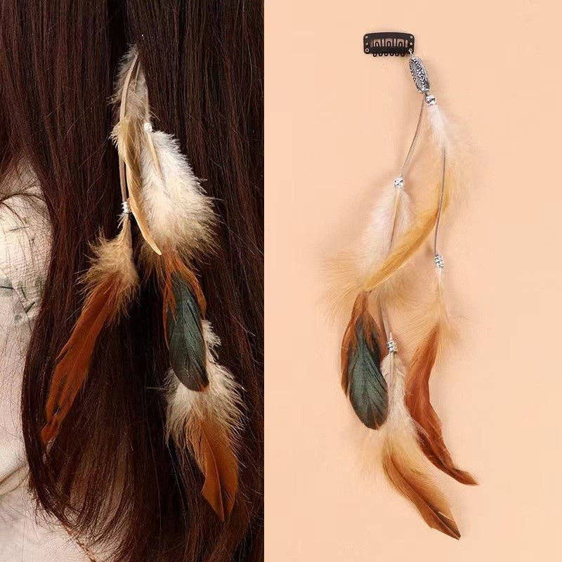 Long Beaded Feather Tassel Hair Clip