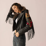 Thorn & Thunder Embroidered Black Leather Fringe Jacket