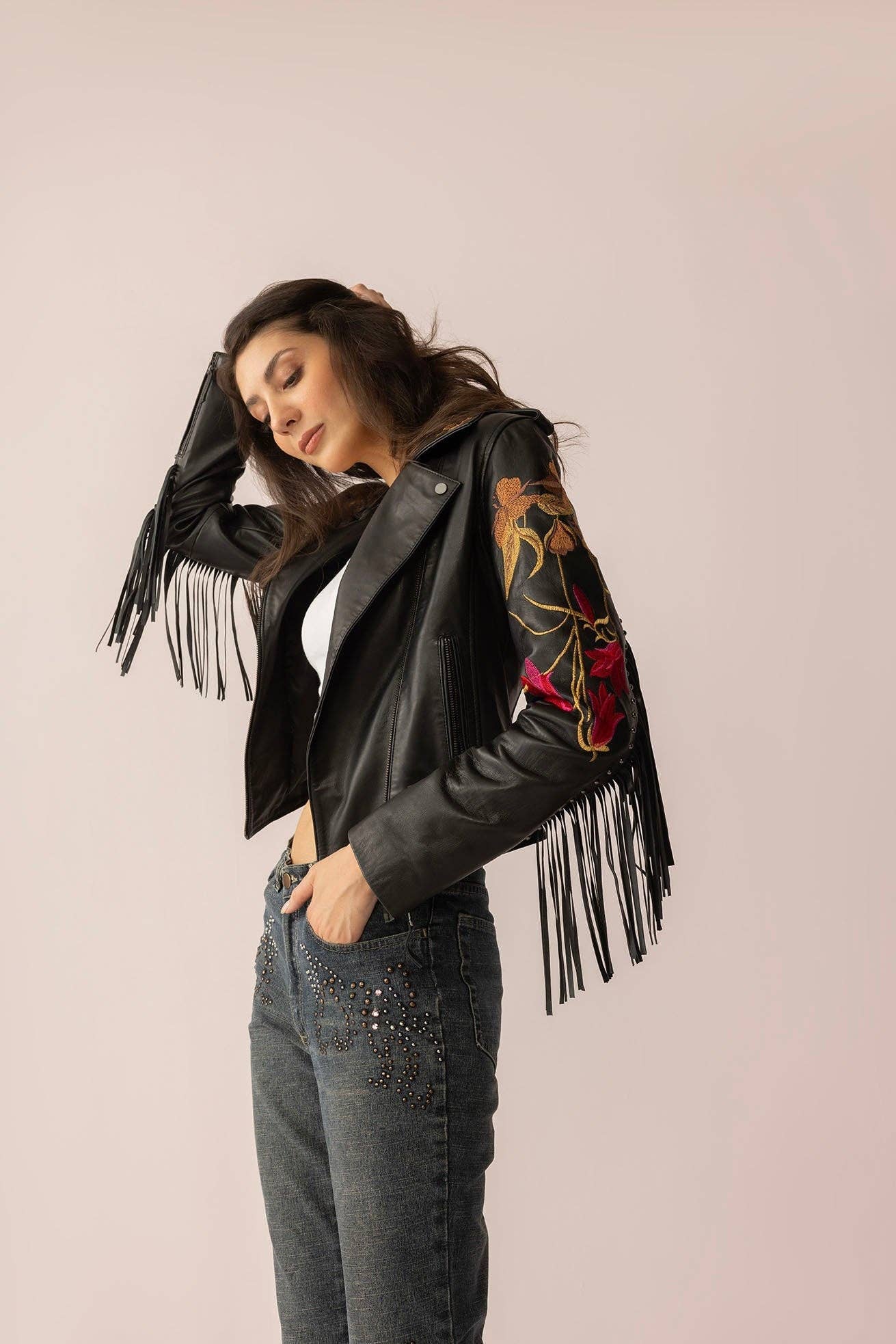 Thorn & Thunder Embroidered Black Leather Fringe Jacket