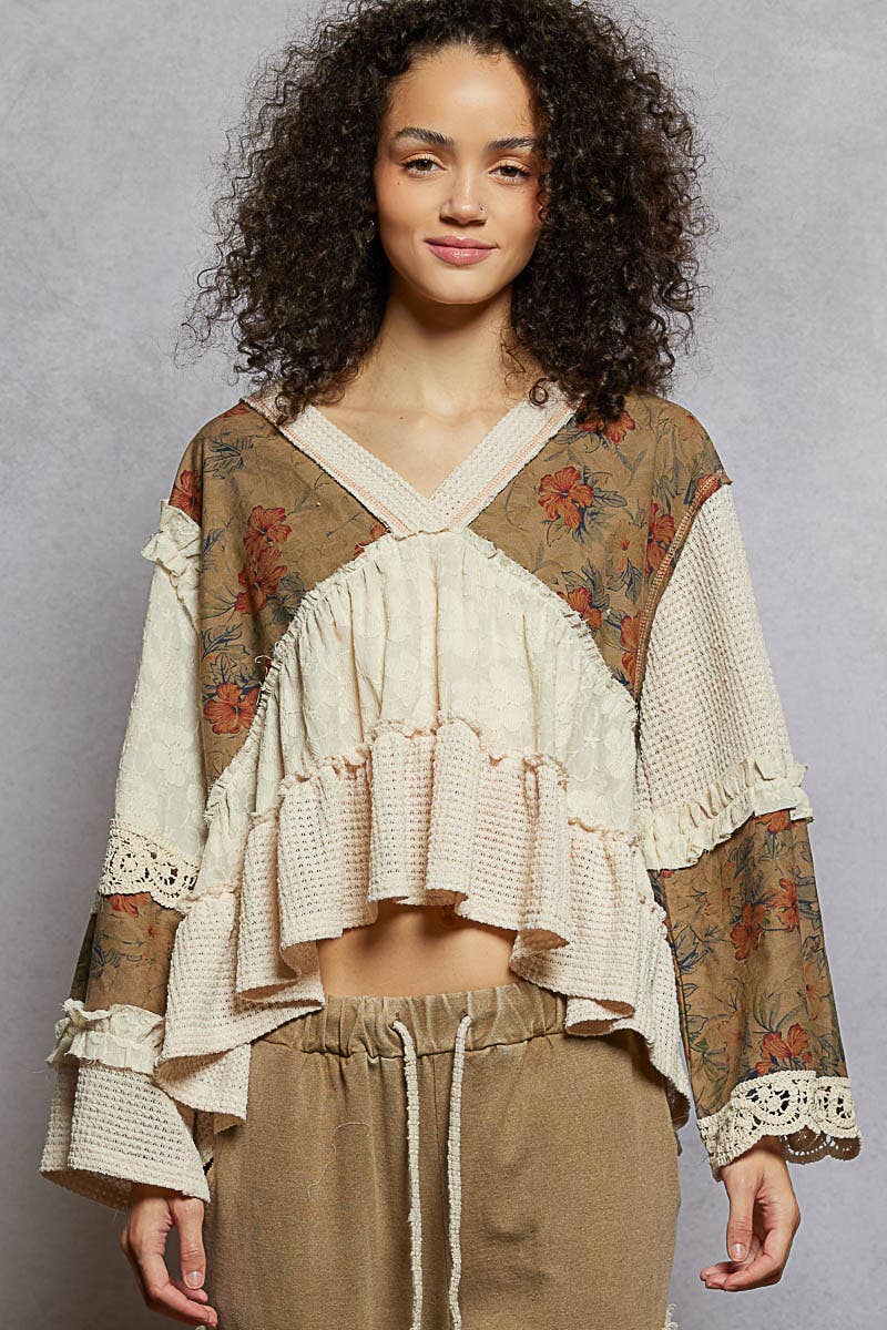 Long sleeve patchwork ruffle top