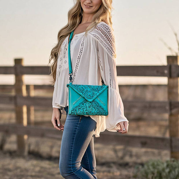 Hand-Tooled Floral Leather Envelope Purse, Multiple Colors