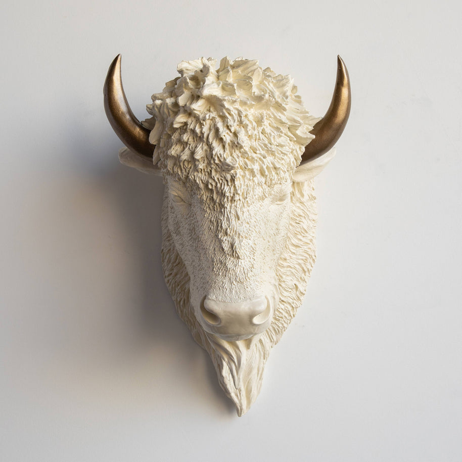 Faux Bison Wall Mount, Ivory/Bronze