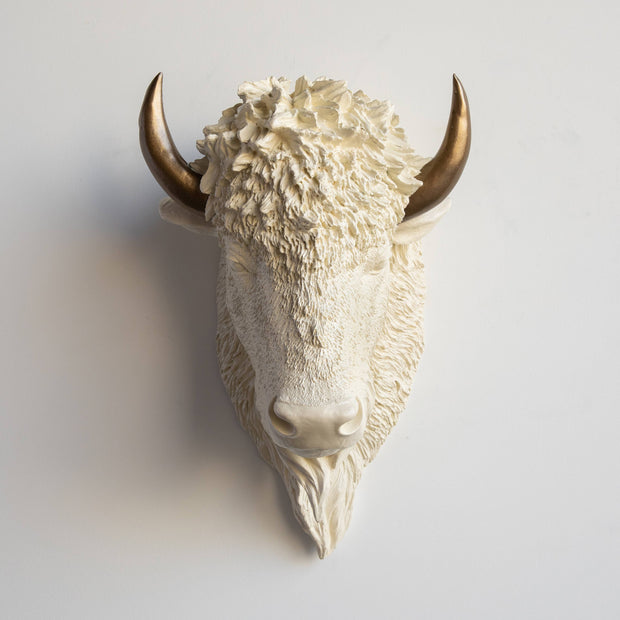 Faux Bison Wall Mount, Ivory/Bronze