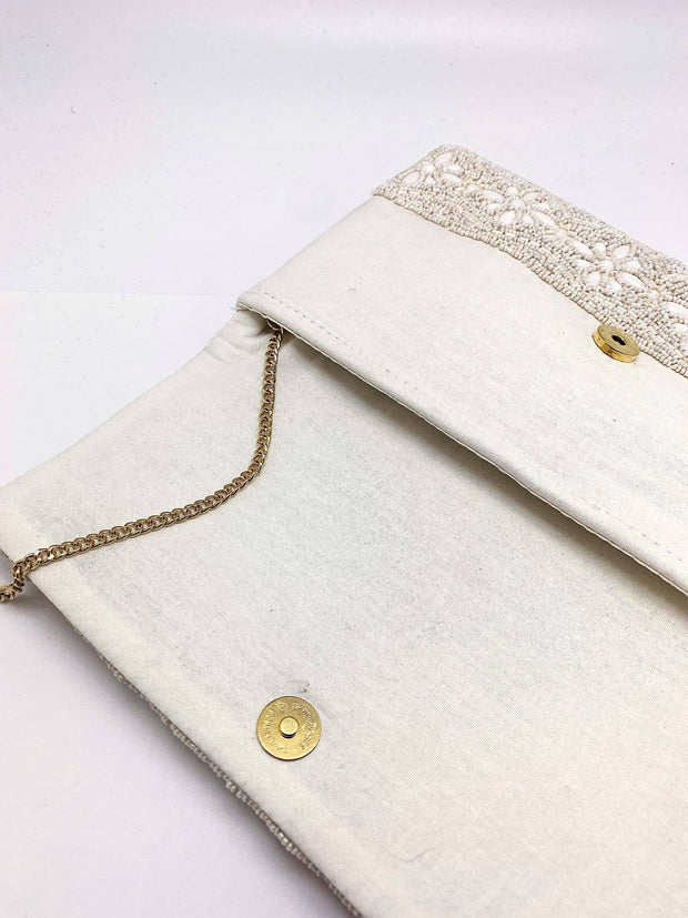 Cream Floral Beaded Clutch