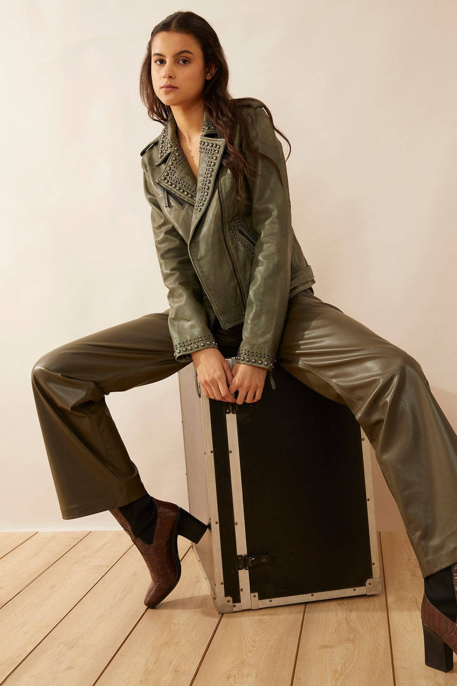 Aansila Green Leather Biker Jacket