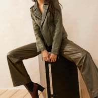 Aansila Green Leather Biker Jacket