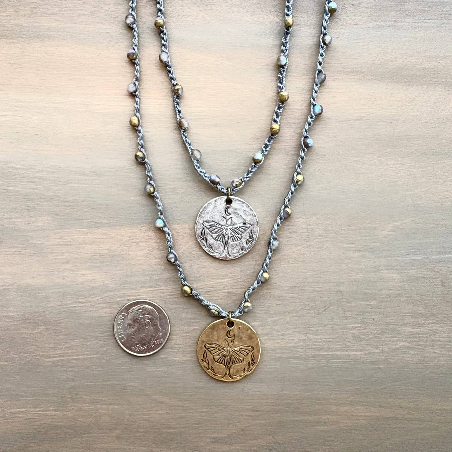 Galaxy Crystal Crocheted Necklace with Luna Moth Charm