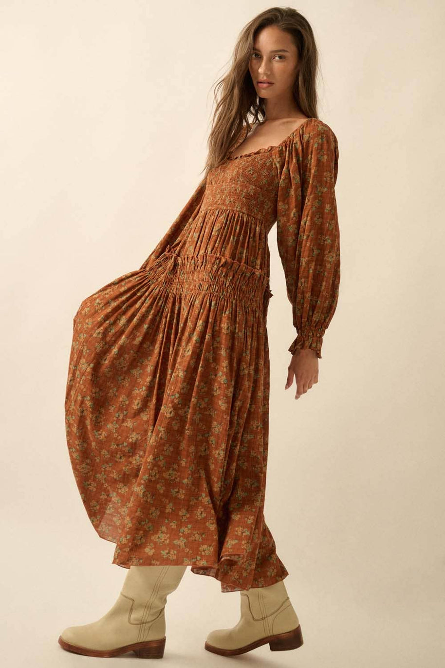 Smocked Floral Bubble-Sleeve Midi Dress, Caramel