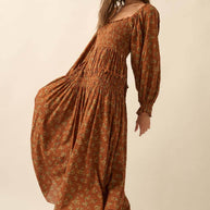 Smocked Floral Bubble-Sleeve Midi Dress, Caramel
