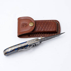 Hand-Engraved Folding Knife with Leather Sheath