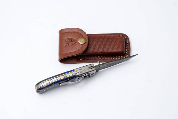 Hand-Engraved Folding Knife with Leather Sheath