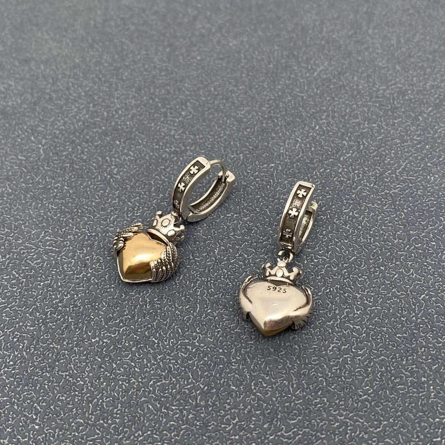 Silver Plated Gothic Crown Wings Heart Earrings