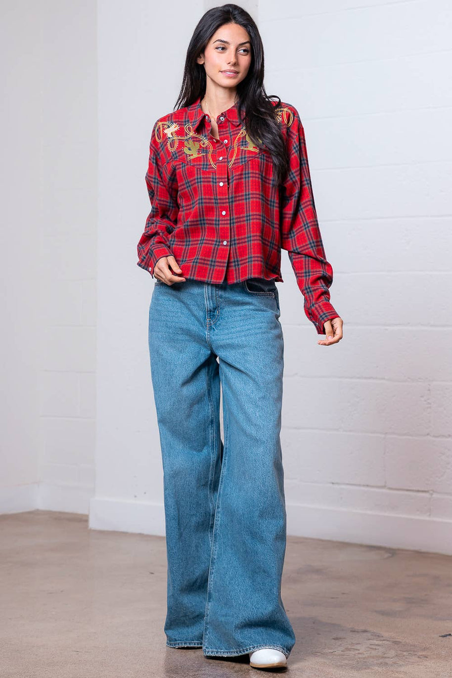 Red Western Plaid Shirt with Embroidery