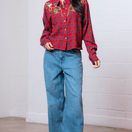 Red Western Plaid Shirt with Embroidery