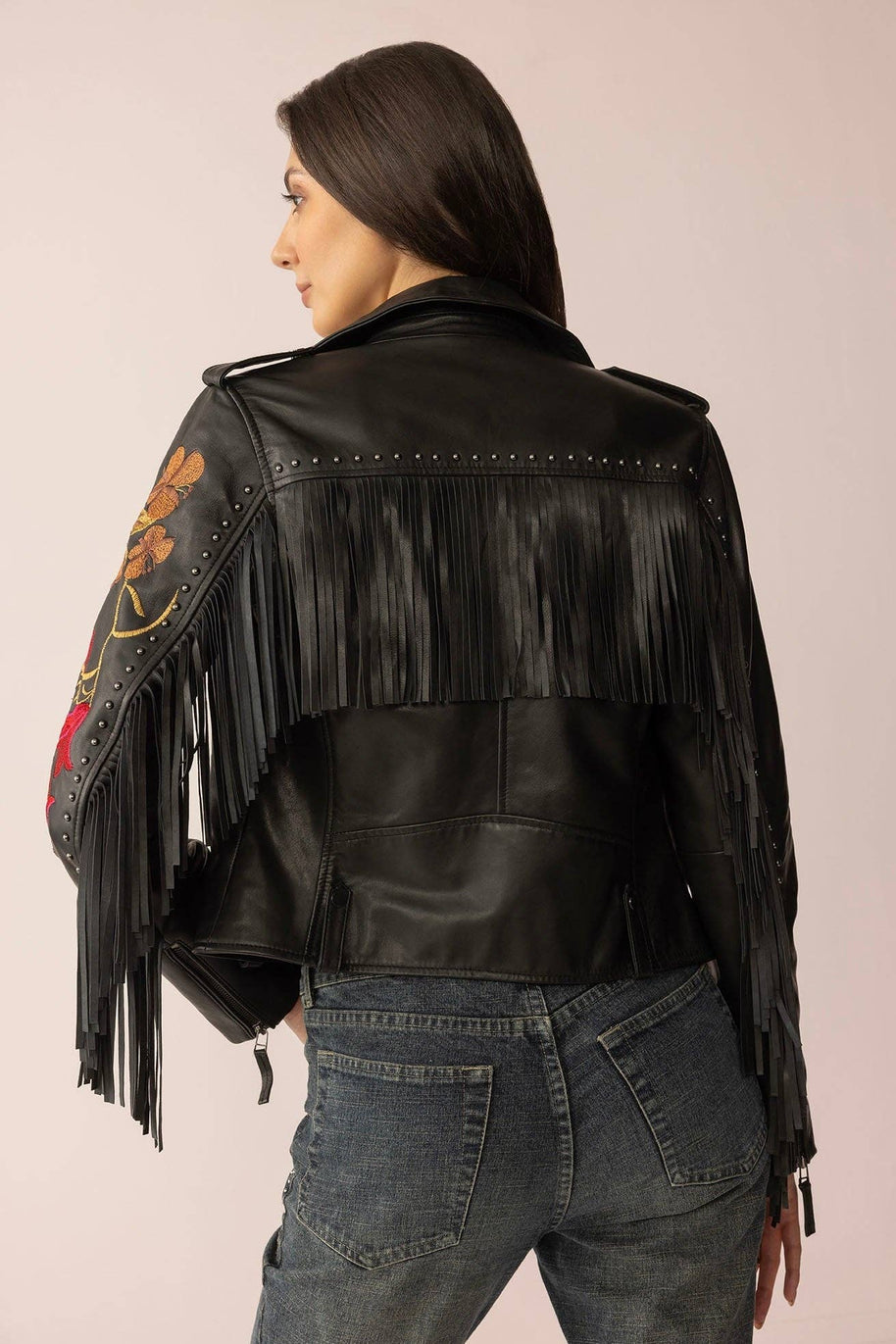 Thorn & Thunder Embroidered Black Leather Fringe Jacket