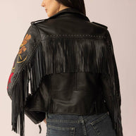 Thorn & Thunder Embroidered Black Leather Fringe Jacket