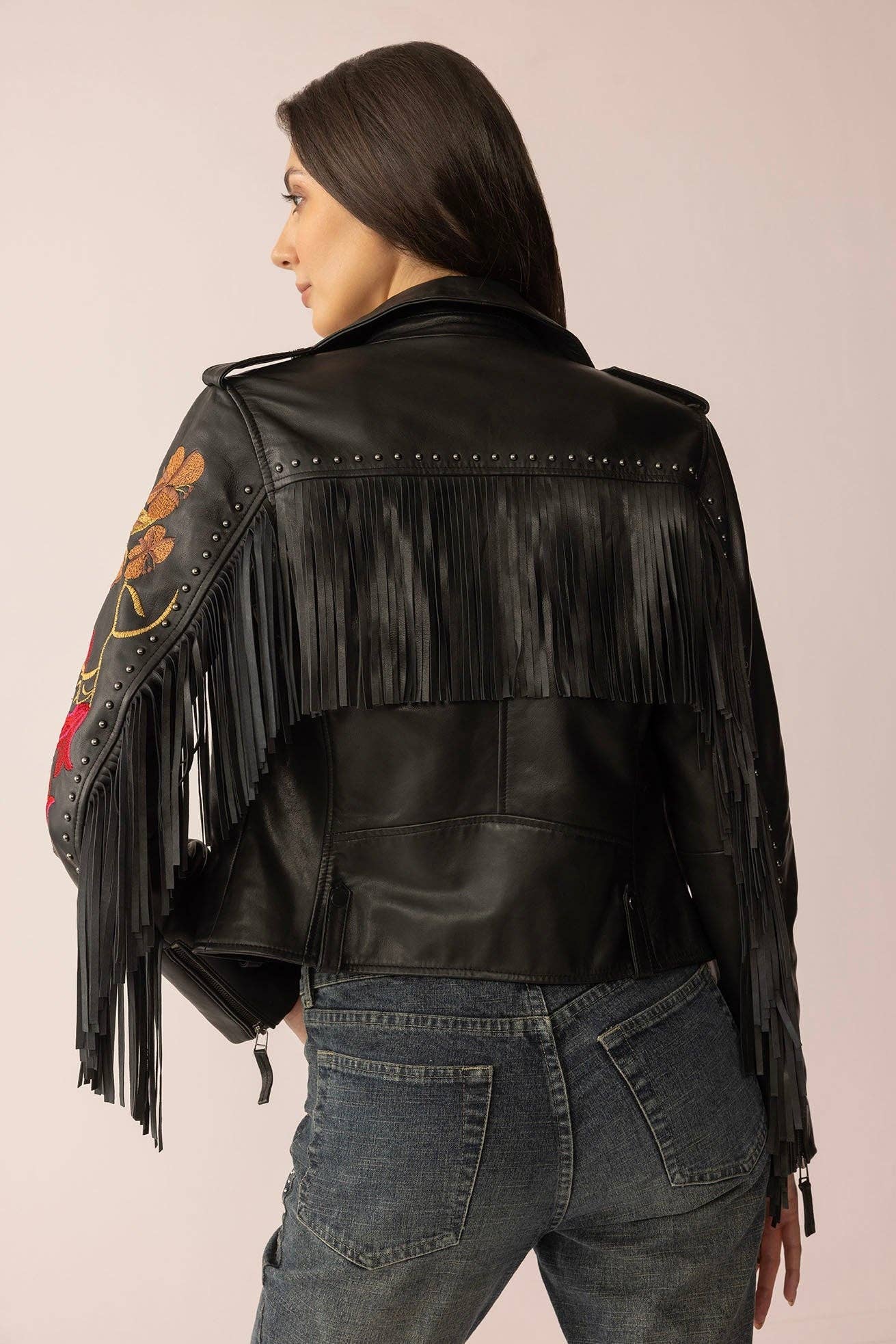Thorn & Thunder Embroidered Black Leather Fringe Jacket