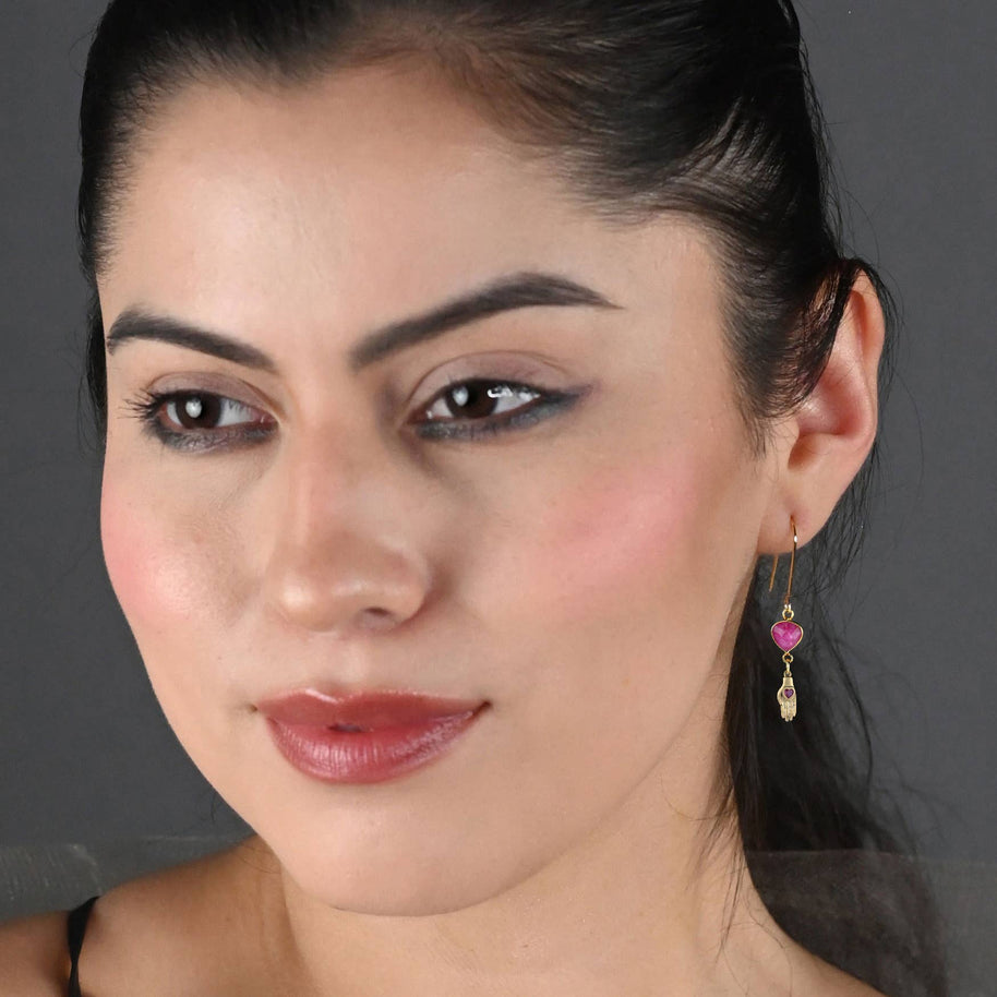 Dyed Ruby Beryl w’ Hand Heart Drop Earrings