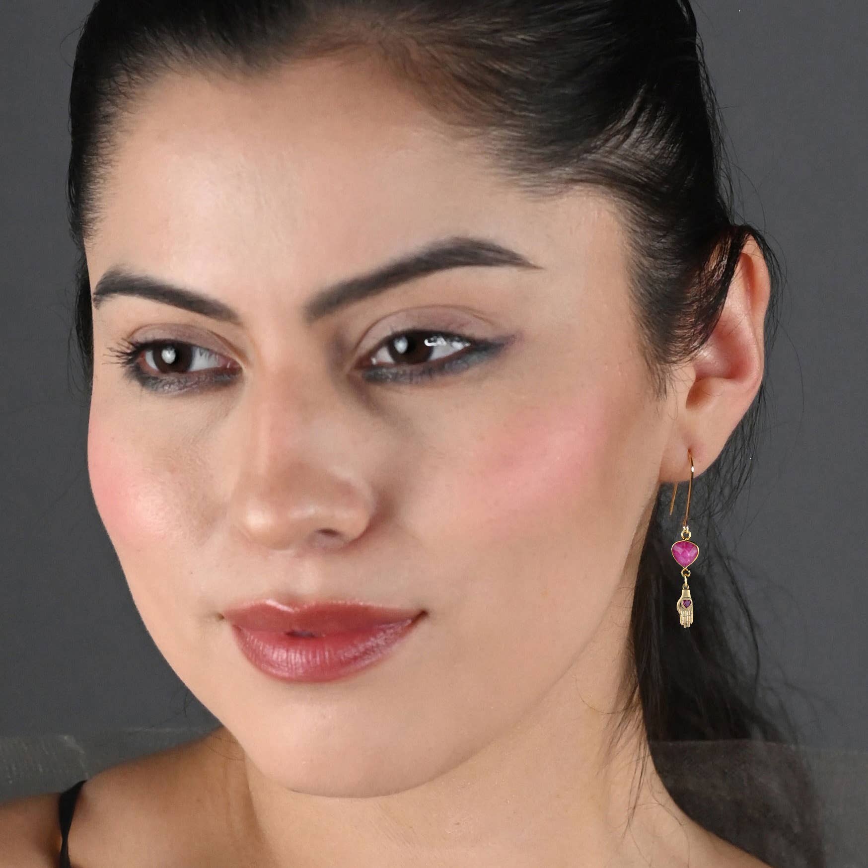 Dyed Ruby Beryl w’ Hand Heart Drop Earrings