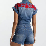 Embroidered Western Denim Romper