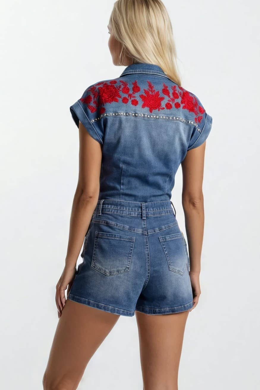 Embroidered Western Denim Romper