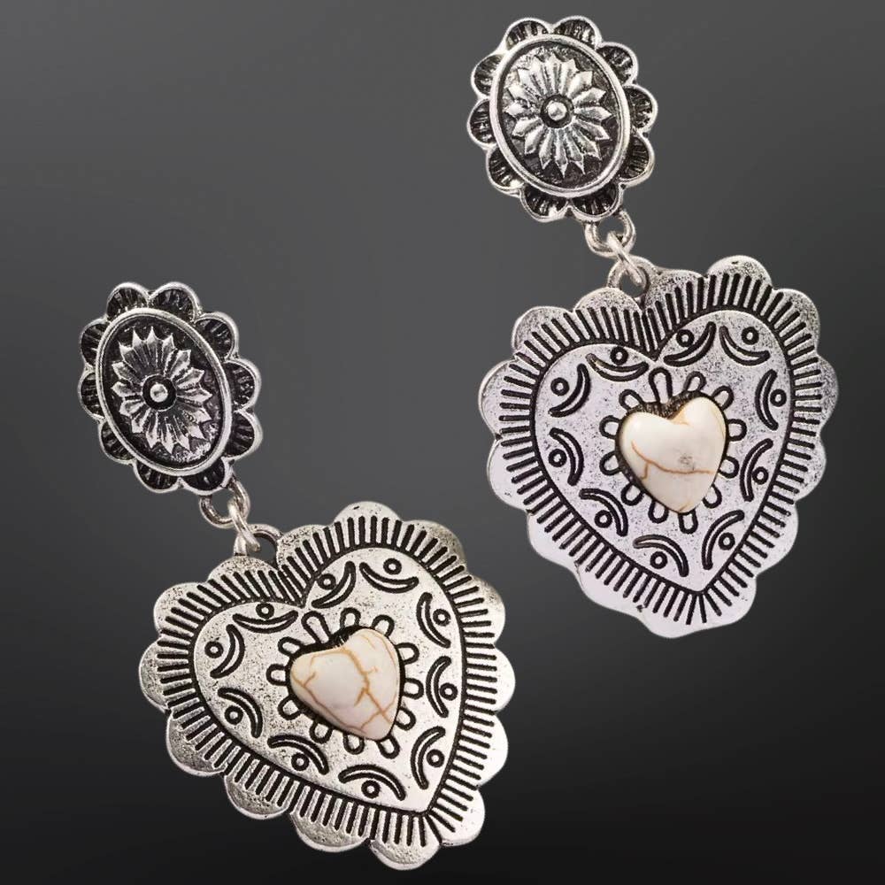 Southwestern Heart Earrings -Faux Turquoise or White Buffalo