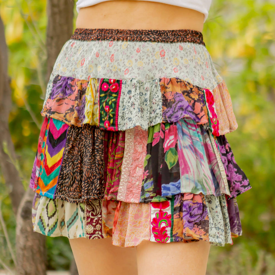 Patchwork Ruffle Tiered Mini Skirt