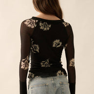 Floral-Print Mesh Raglan-Sleeve Henley Top