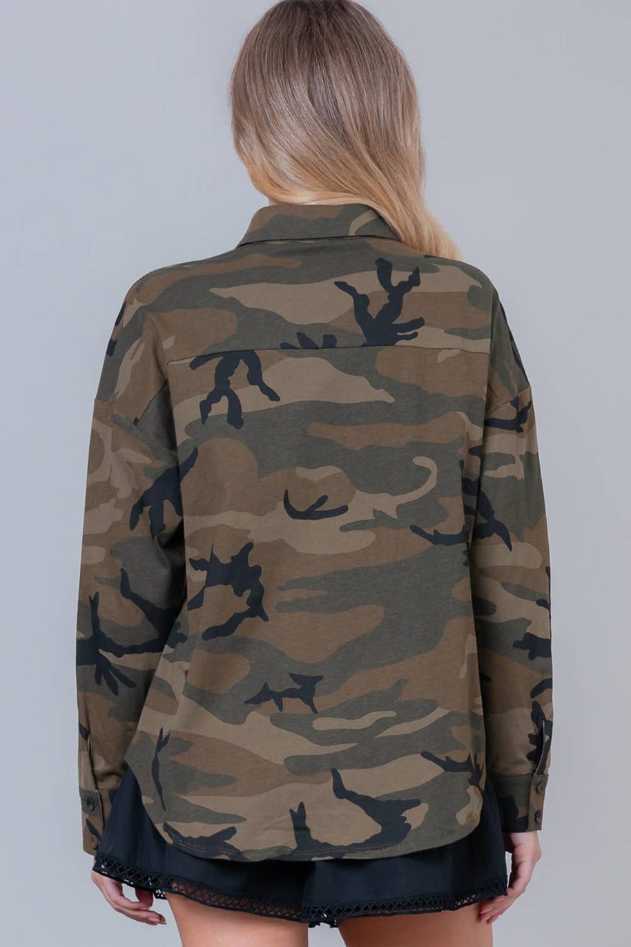 Camo Button-Down with Embroidered Roses