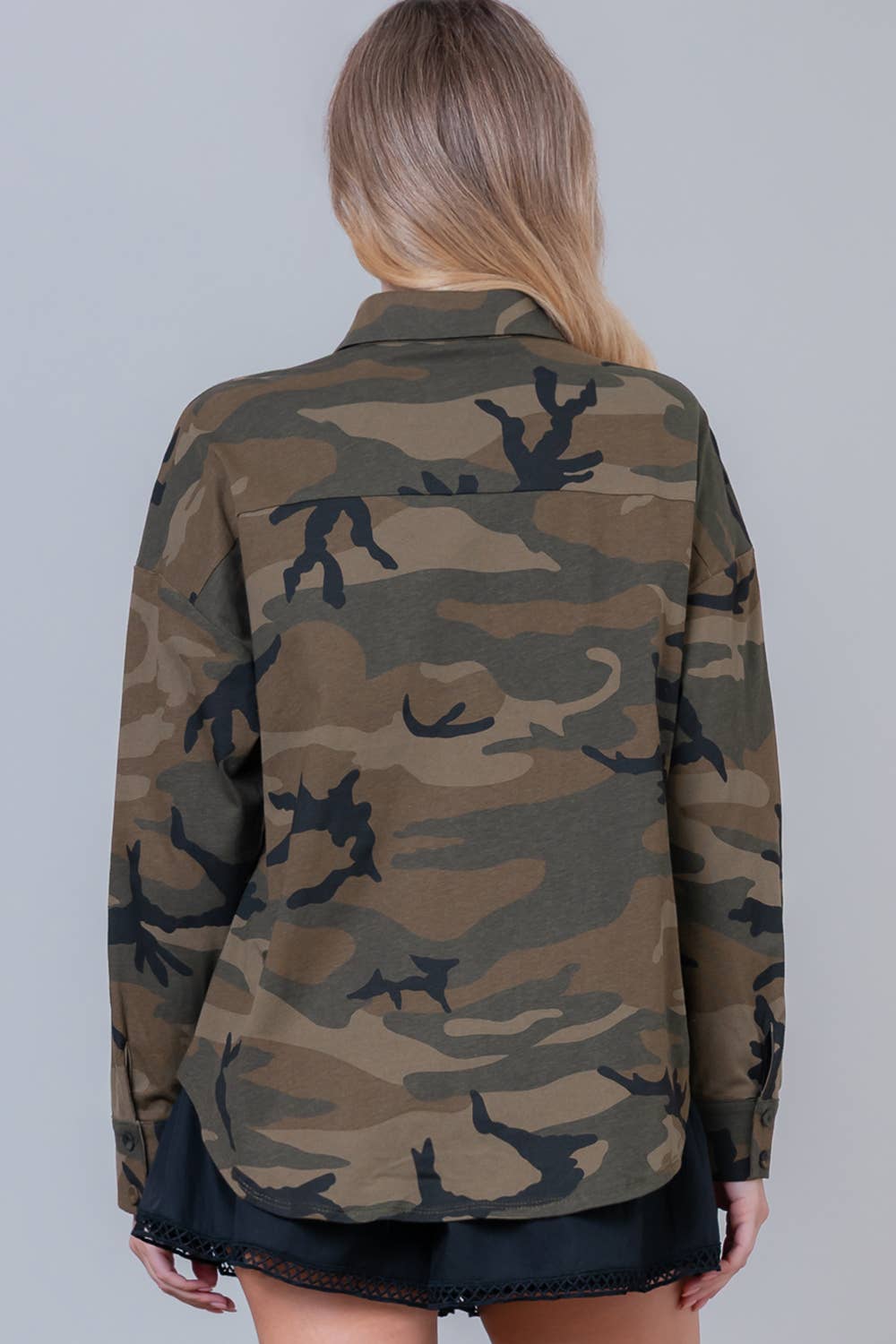 Camo Button-Down with Embroidered Roses