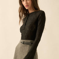 Lace Raglan-Sleeve Henley Top, Black