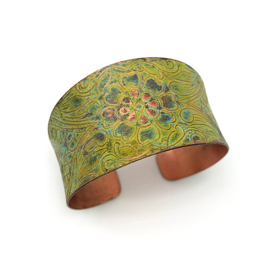 Copper Patina Bracelet - Light Green Floral