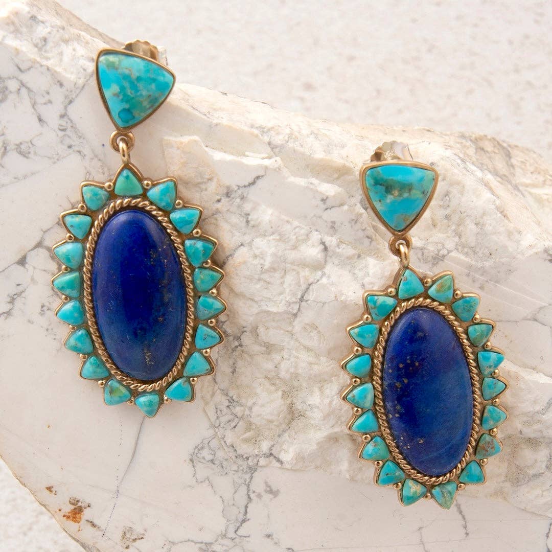 Oasis Royale Blue Lapis and Turquoise Golden Drop Earrings