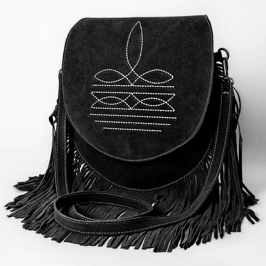 Suede Western Fringe Messenger Bag - White Stitch Design
