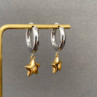 CZ Inlaid Star 18K GP S. Steel Huggie Earrings