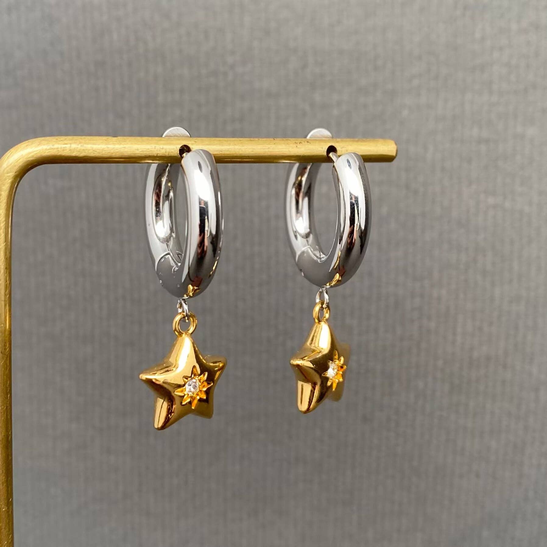 CZ Inlaid Star 18K GP S. Steel Huggie Earrings