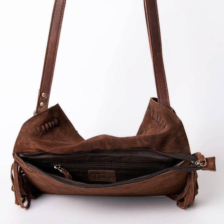 Suede Leather & Fringe Purse Clutch, Espresso