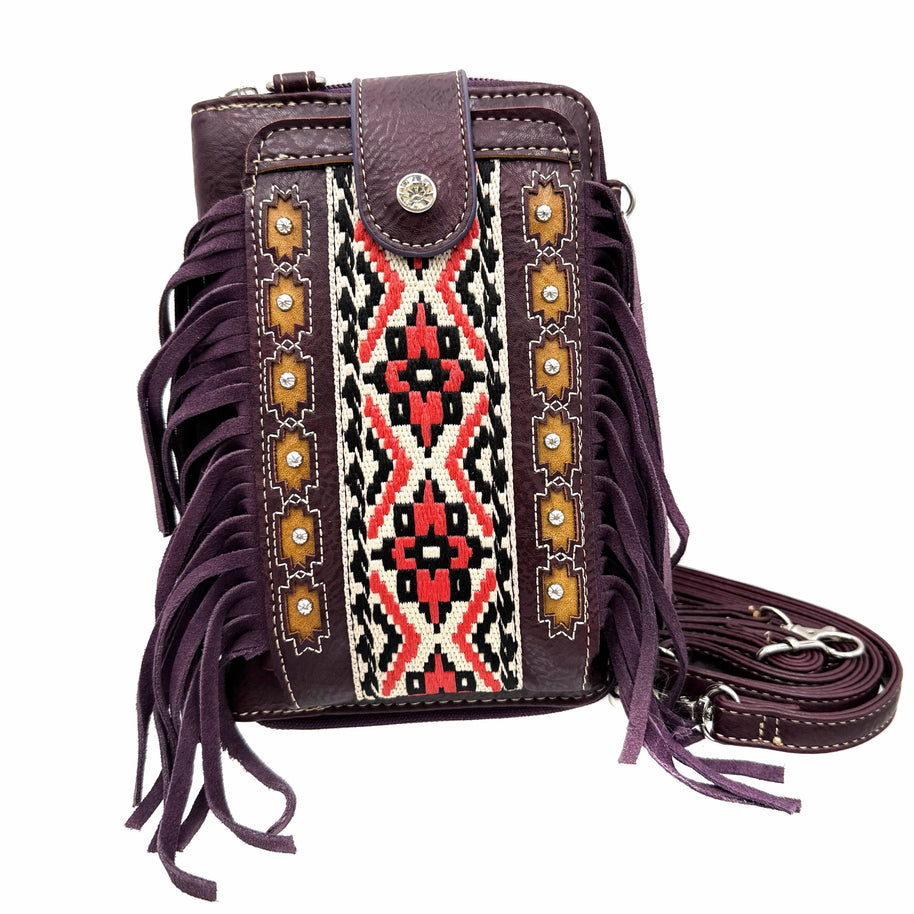 Aztec Tribal Print Fringe Crossbody Western Phone Wallet