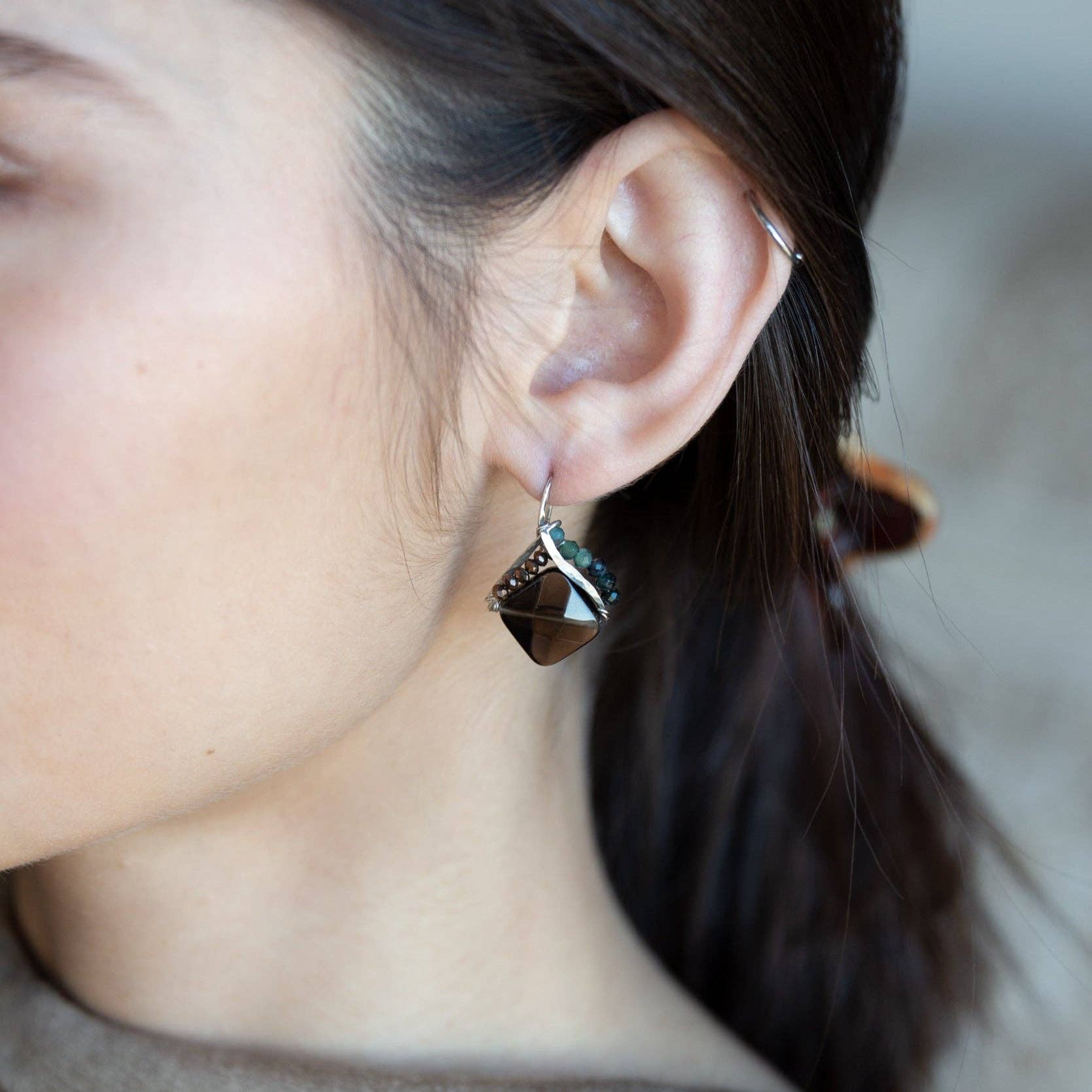 Handmade Tree Bark Smokey Quartz Mini Earring