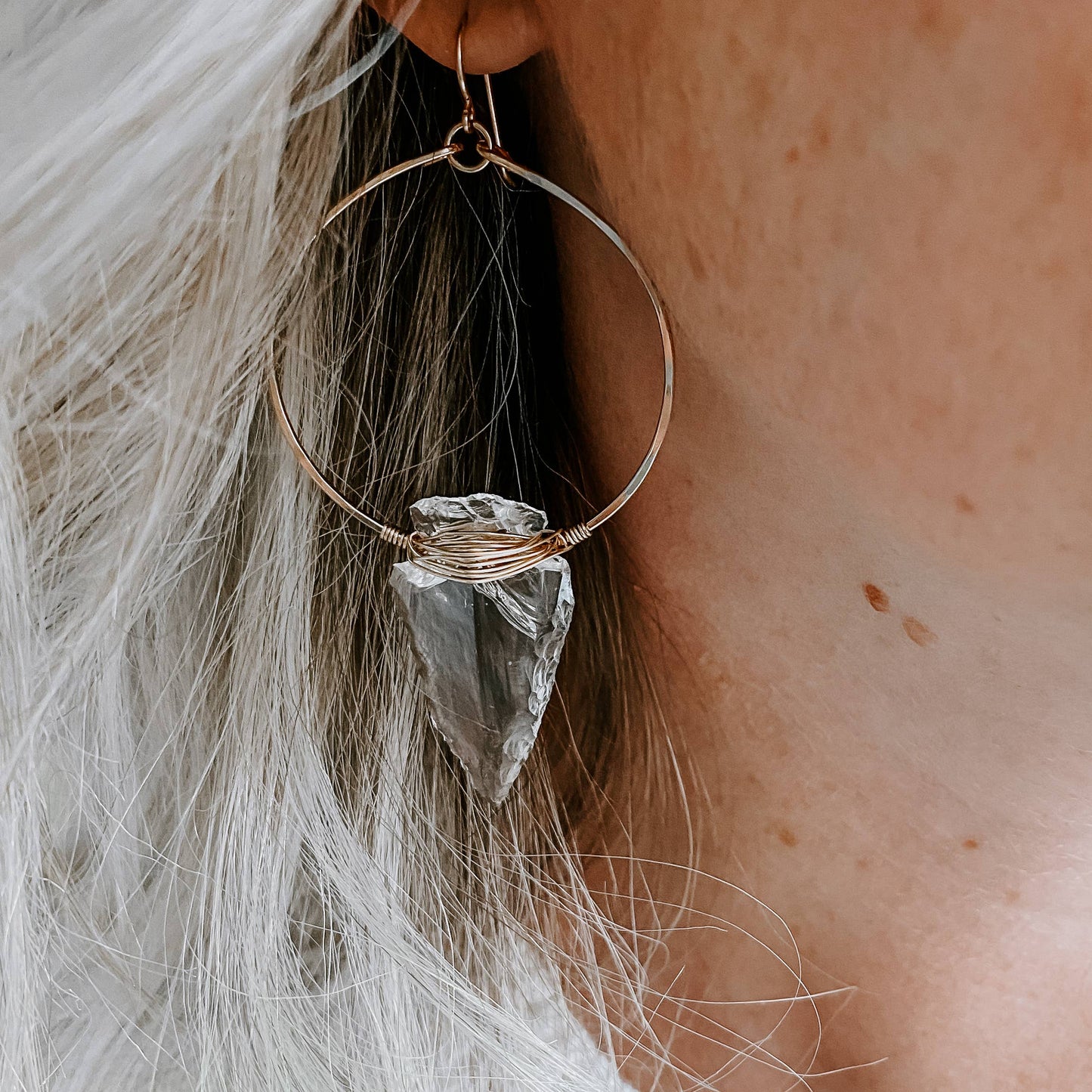 Quartz Crystal Arrowhead Hoops: Sterling Silver