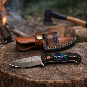 Damascus Drop Point Utility Tool | Dark Wood, Green Resin & Purple Honeycomb Handle