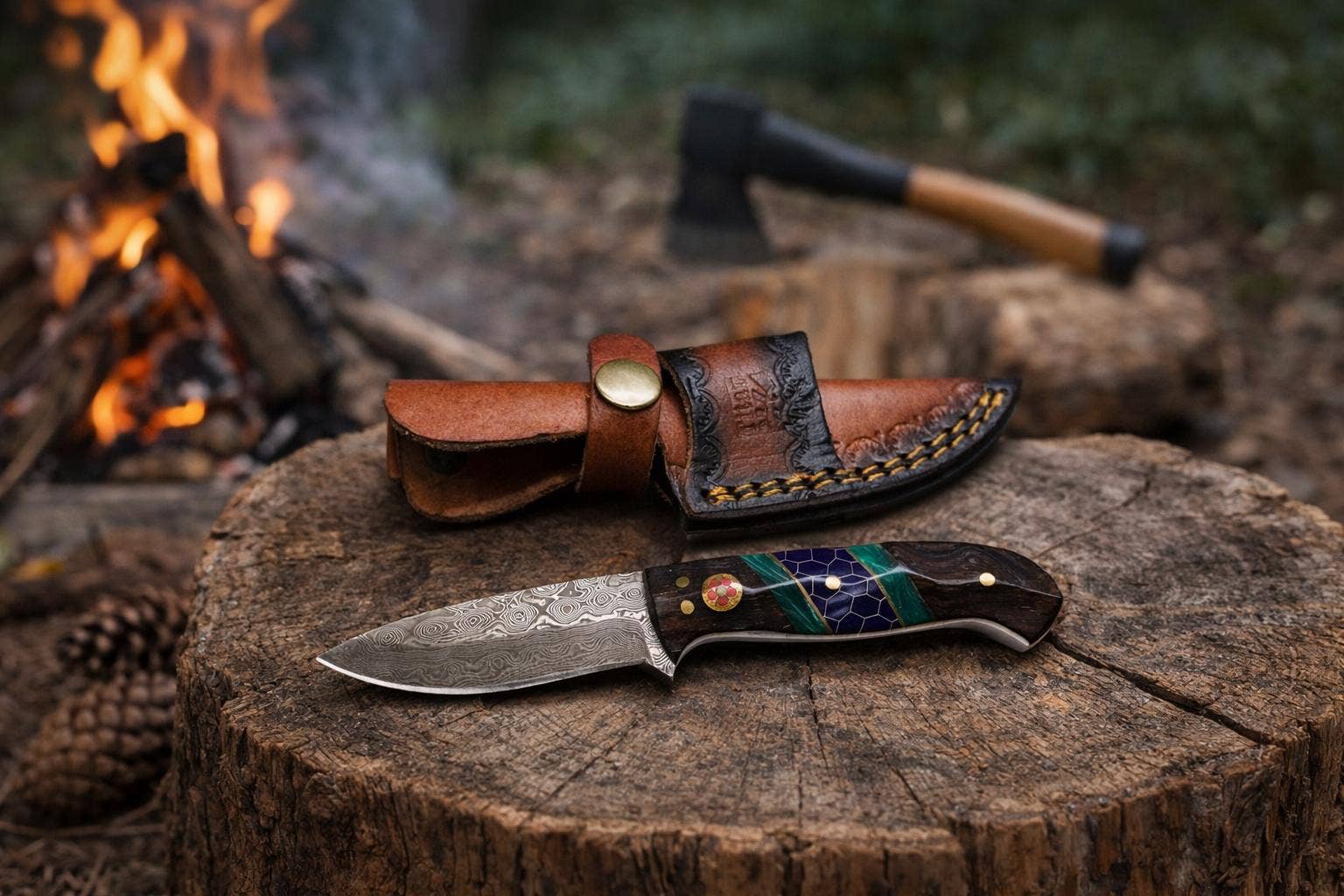 Damascus Drop Point Utility Tool | Dark Wood, Green Resin & Purple Honeycomb Handle