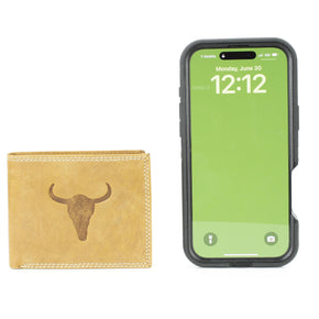 Men’s Bi-Fold Wallet with Bison Skull, Tan