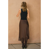 Satin Lace Hem Pencil Skirt, Chocolate