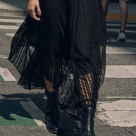 Lace Curved-Hem Midi Skirt, Black